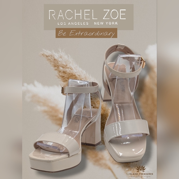 Rachel Zoe Shoes - Rachel Zoe Cream Block Heel Sandals Size 7.5M Ankle Strap Gold Accents Buckle